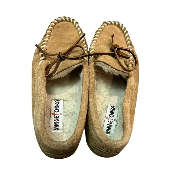 Minnetonka leather faux fur moccasin house slipper comfort size 7 women’s shoe - Picture 6 of 10